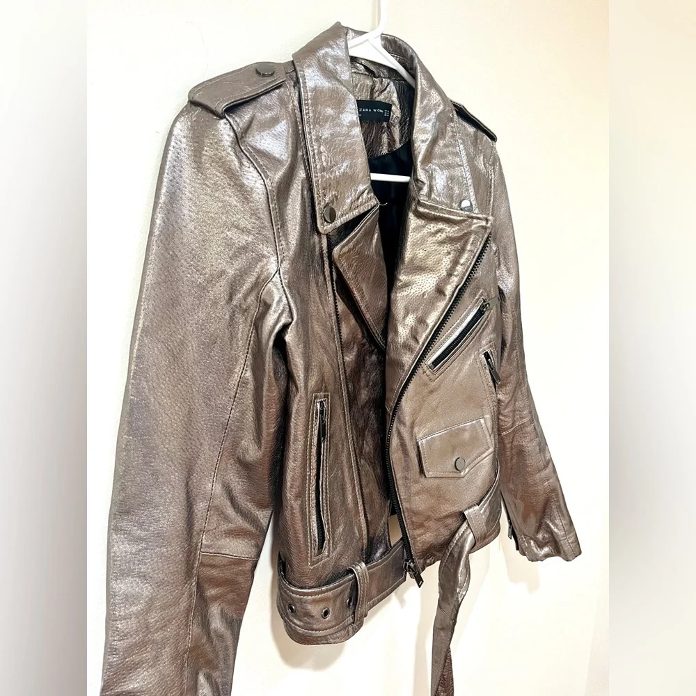 ZARA Genuine Leather Gunmetal Moto Jacket size XS