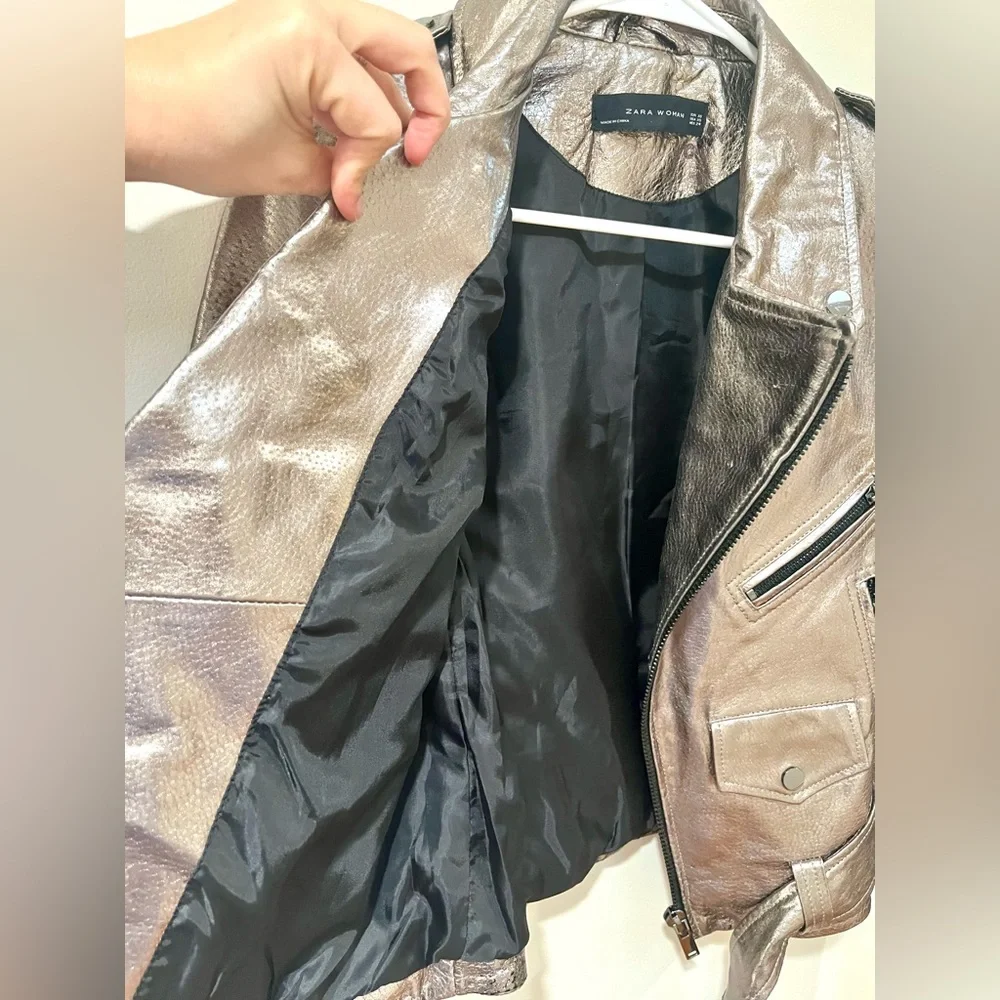 ZARA Genuine Leather Gunmetal Moto Jacket size XS
