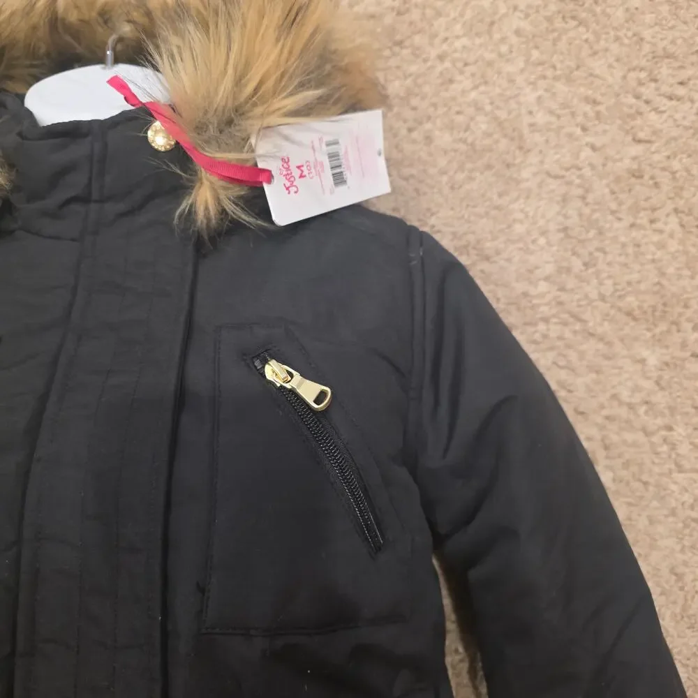 NWT Justice black fleece lined Chamarra tipo parka girls sz 10
