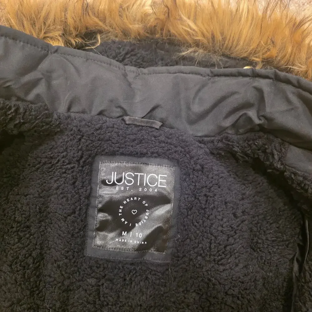 NWT Justice black fleece lined Chamarra tipo parka girls sz 10