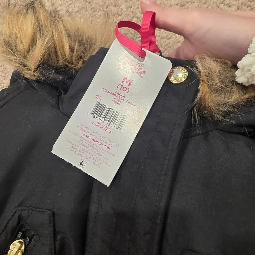 NWT Justice black fleece lined Chamarra tipo parka girls sz 10