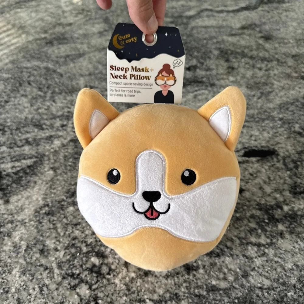 Round Soft Corgi Travel Sleep Mask and Neck Pillow New with Tags