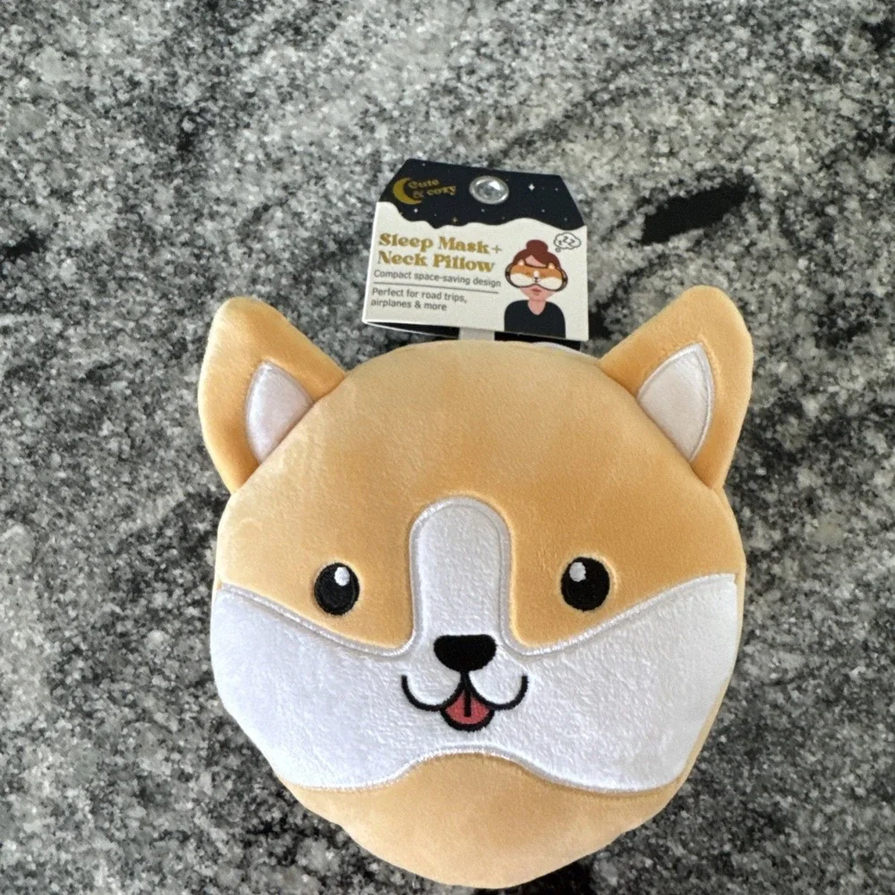 Round Soft Corgi Travel Sleep Mask and Neck Pillow New with Tags
