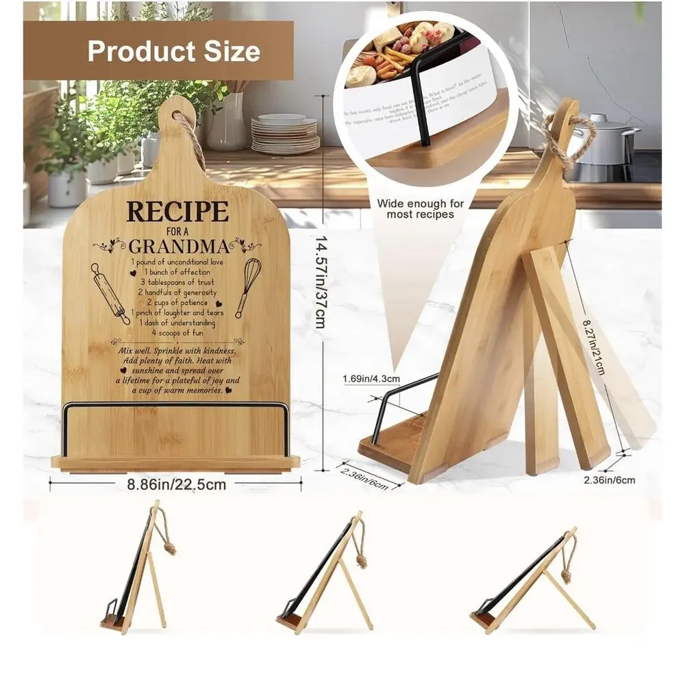 Grandma Gifts Cookbook Stand Bamboo Recipe Book Holder Kitchen Counter Non Slip