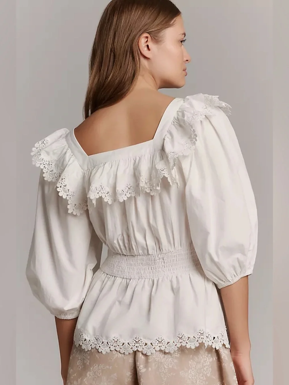 Maeve Peplum Eyelet Blouse M White Puff Sleeve Romantic Boho Peasant Milkmaid
