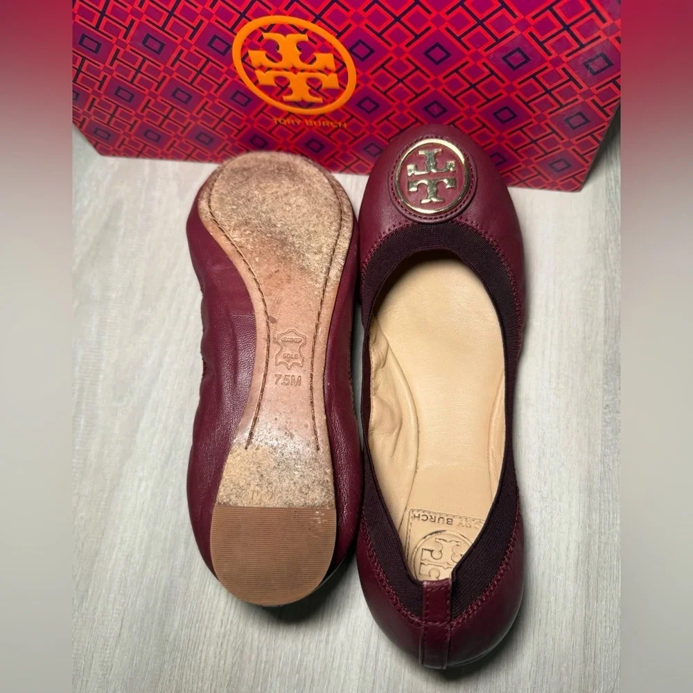 Tory Burch Burgundy Leather Ballet Flats Gold Logo Women Size 7.5 M