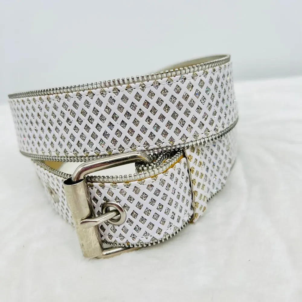 RELIC BRAND White Diamond & Iridescent Silver Pattern Belt L Fairy Glam Kitschy