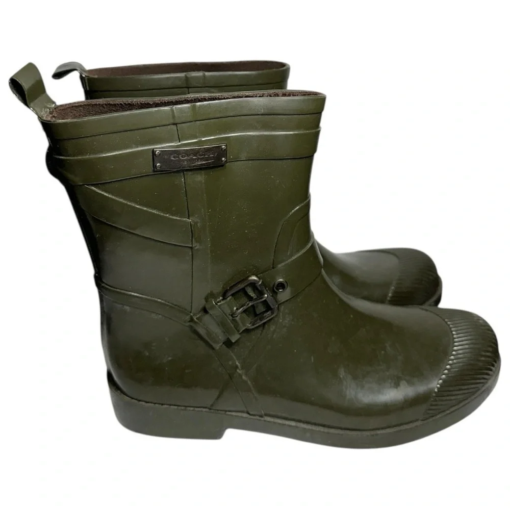 Coach Women’s Size 9 Fatigue Army Green Lester Shiny Rubber Rain Water Boots