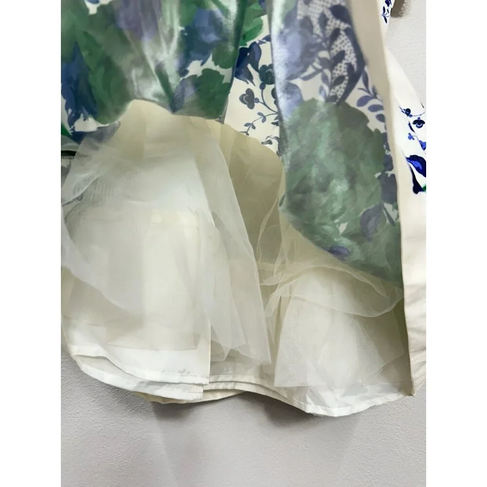 Janie & Jack Floral Dress Sz 3 Satin Ivory Blue & Green Formal Occasion Holiday