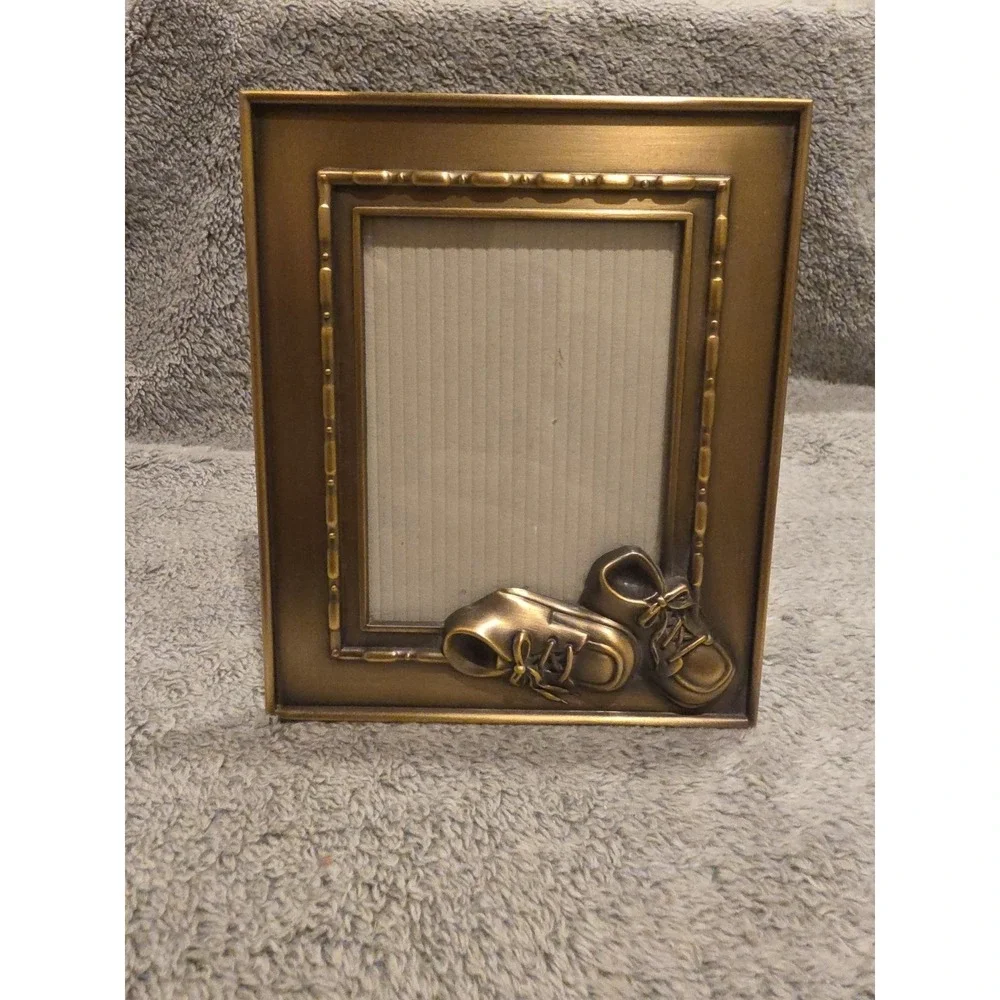 Vintage Baby Picture Frame Brushed Metal 3D Baby Booties Small Holds 3.5x4.5