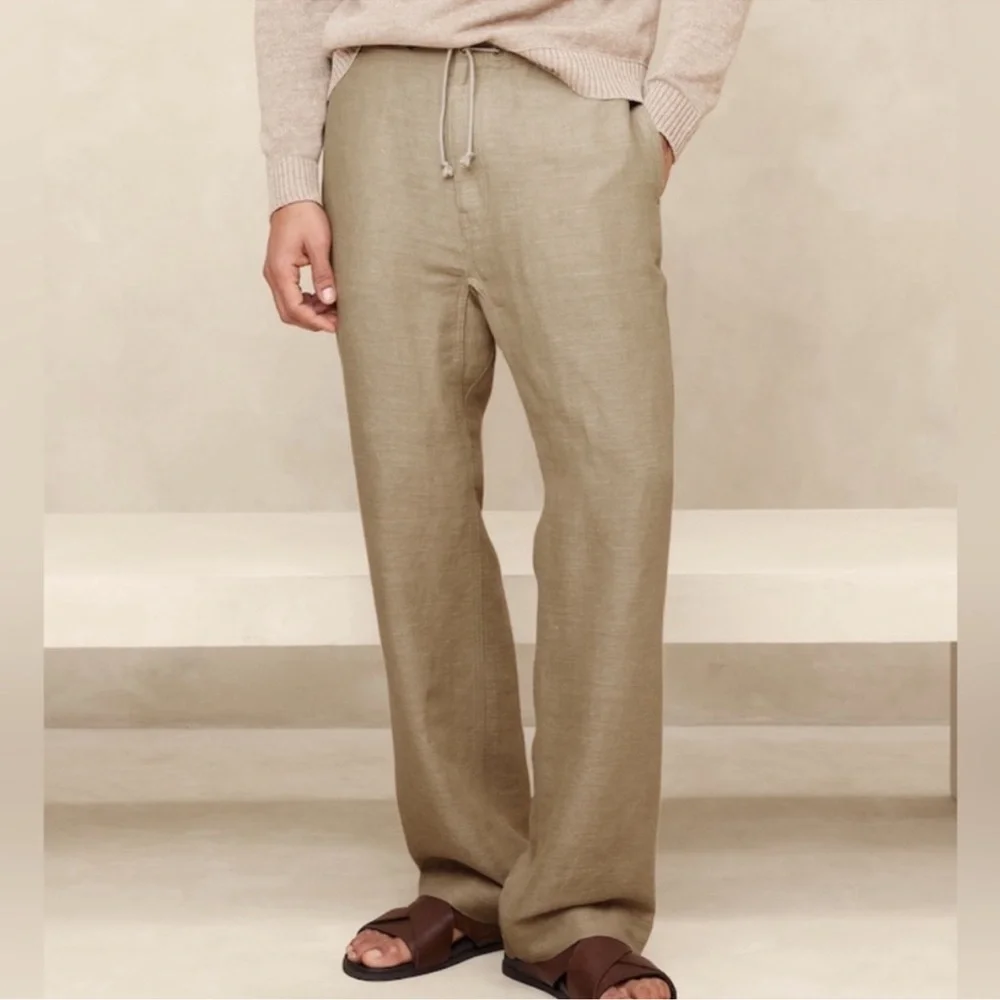 Banana Republic Onda Linen Cotton Blend Pant Khaki Beige Relaxed Fit 2024-Large