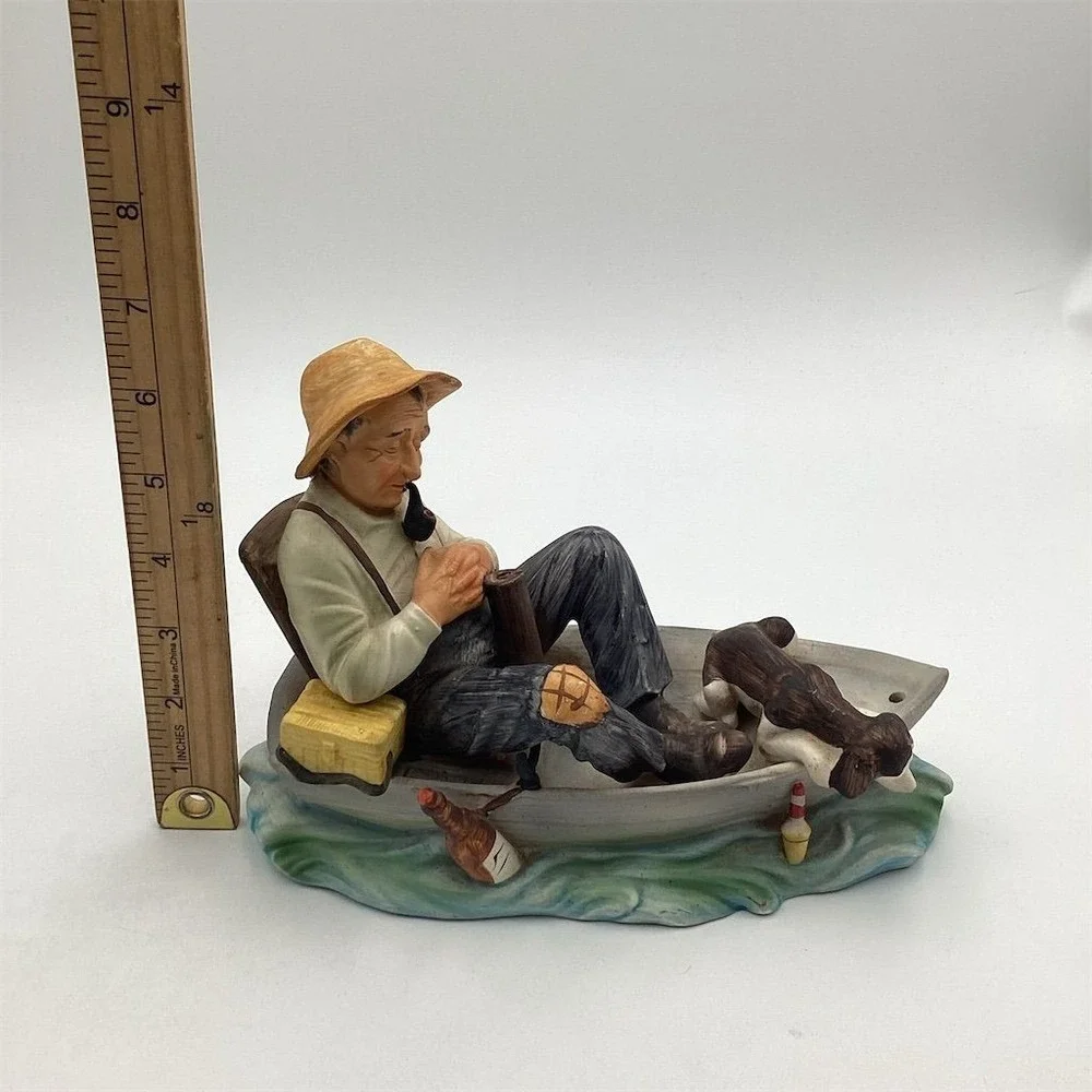 Vintage Ceramic Sleeping Fisherman with Dog‎ Figurine Nautical Decor