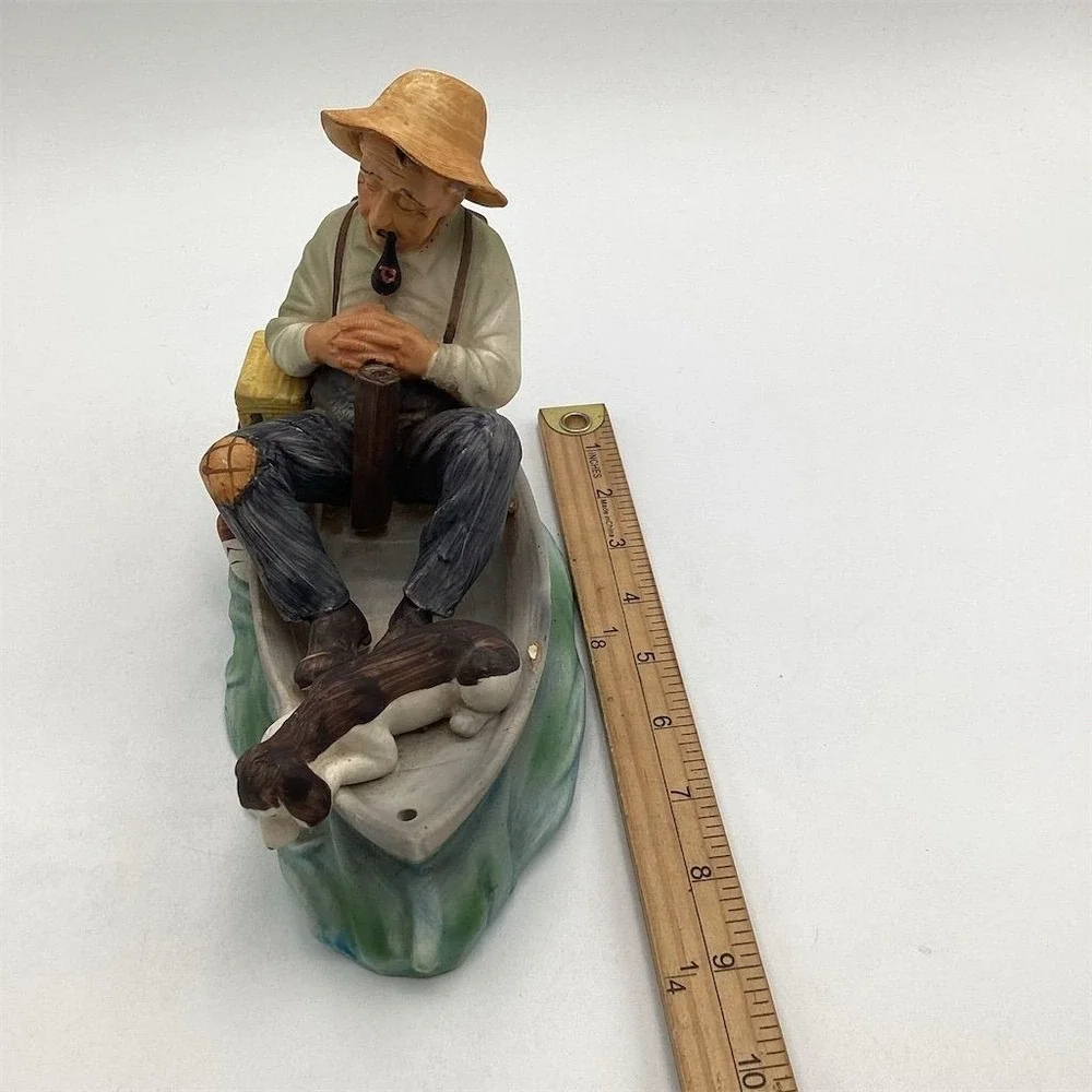 Vintage Ceramic Sleeping Fisherman with Dog‎ Figurine Nautical Decor