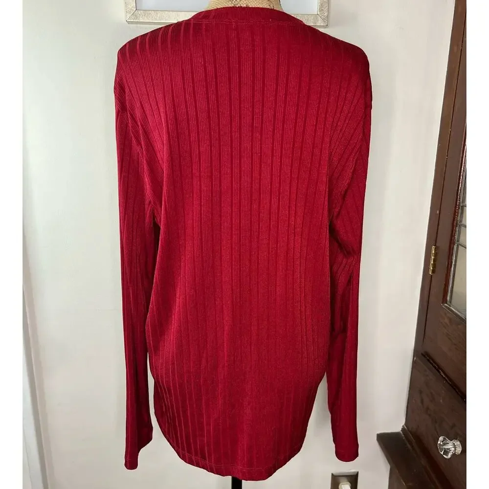 Vintage 90s Red Ribbed Knit Shirt Mens Medium Slim Fit Stretch