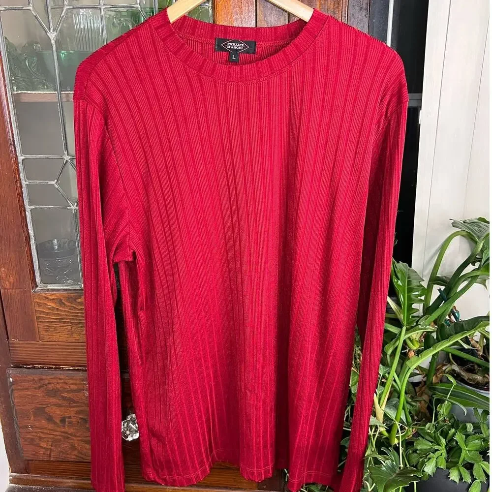Vintage 90s Red Ribbed Knit Shirt Mens Medium Slim Fit Stretch