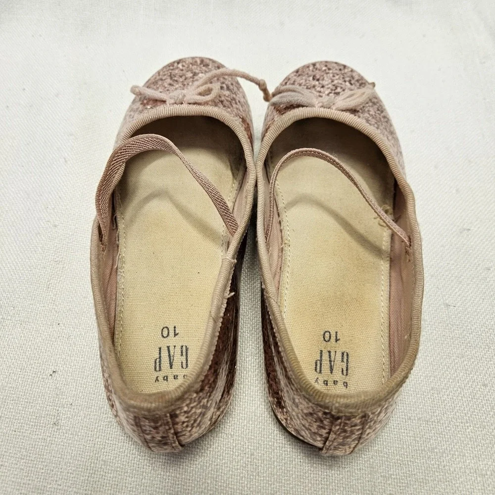 Gap Ballet Flats Girls Size 10 Rose Gold Glitter Bow Elastic Strap Dressy Shoes