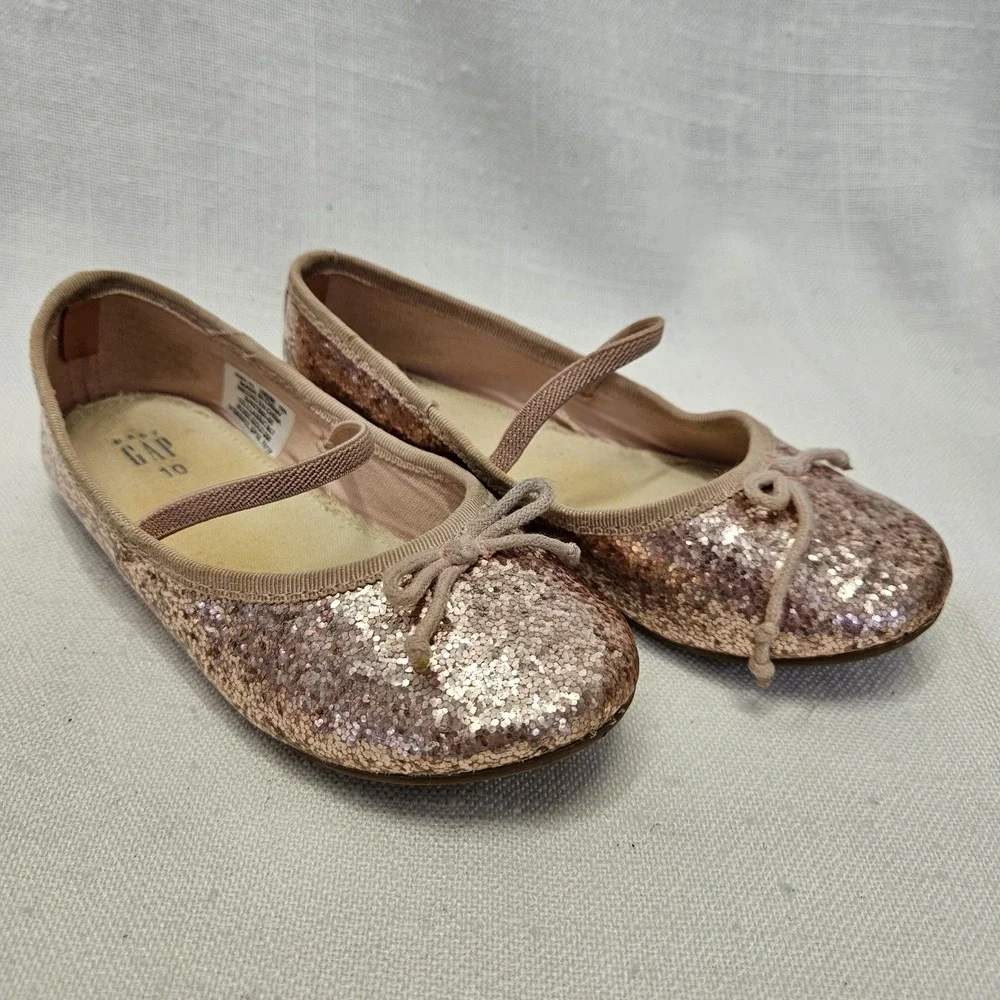 Gap Ballet Flats Girls Size 10 Rose Gold Glitter Bow Elastic Strap Dressy Shoes