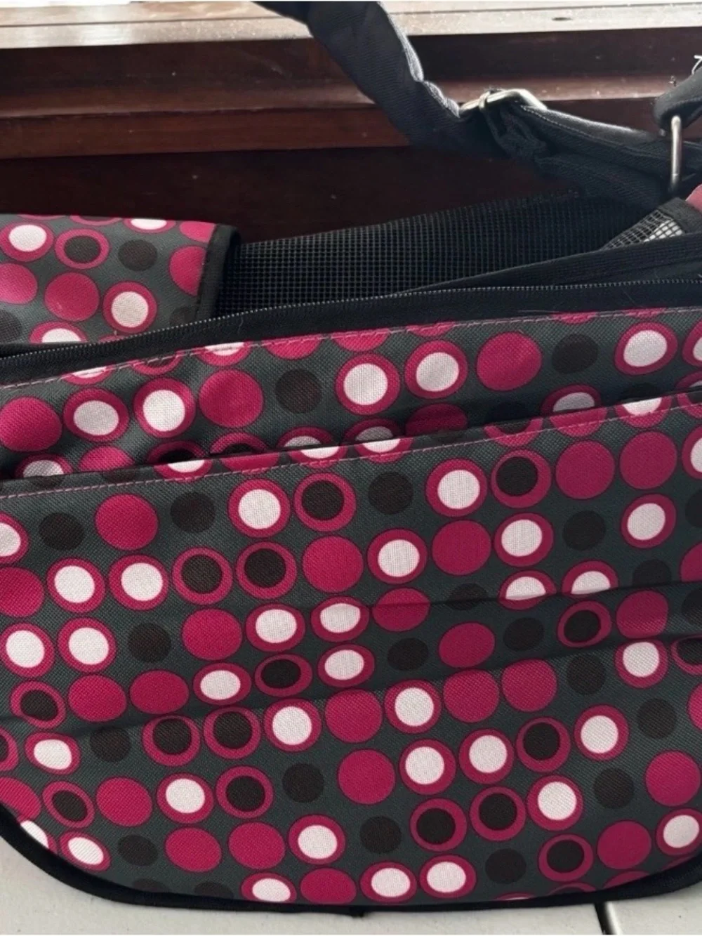 Outward Hound Black and Pink Polka Dot Crossbody Pet Carrier