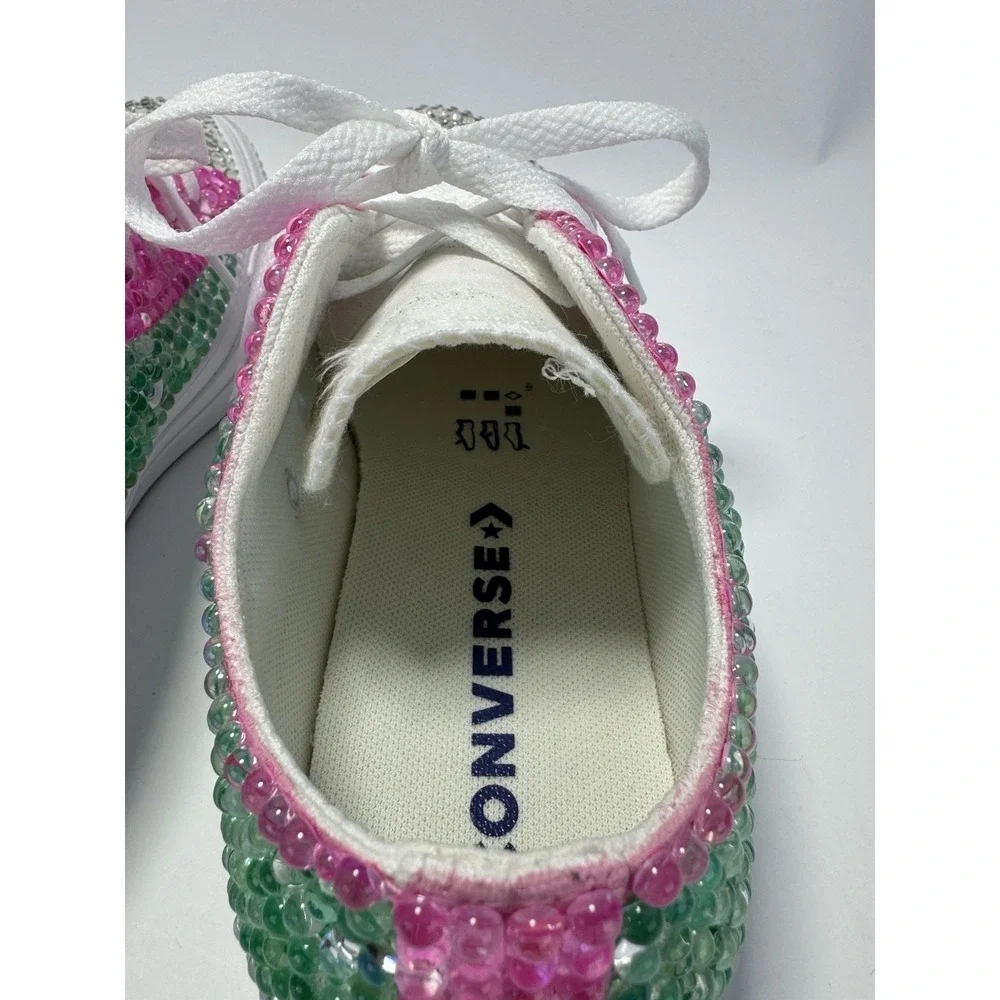 Custom Converse All Star Bling Embellished Sneakers Womens 7.5 Pink Green Wicked