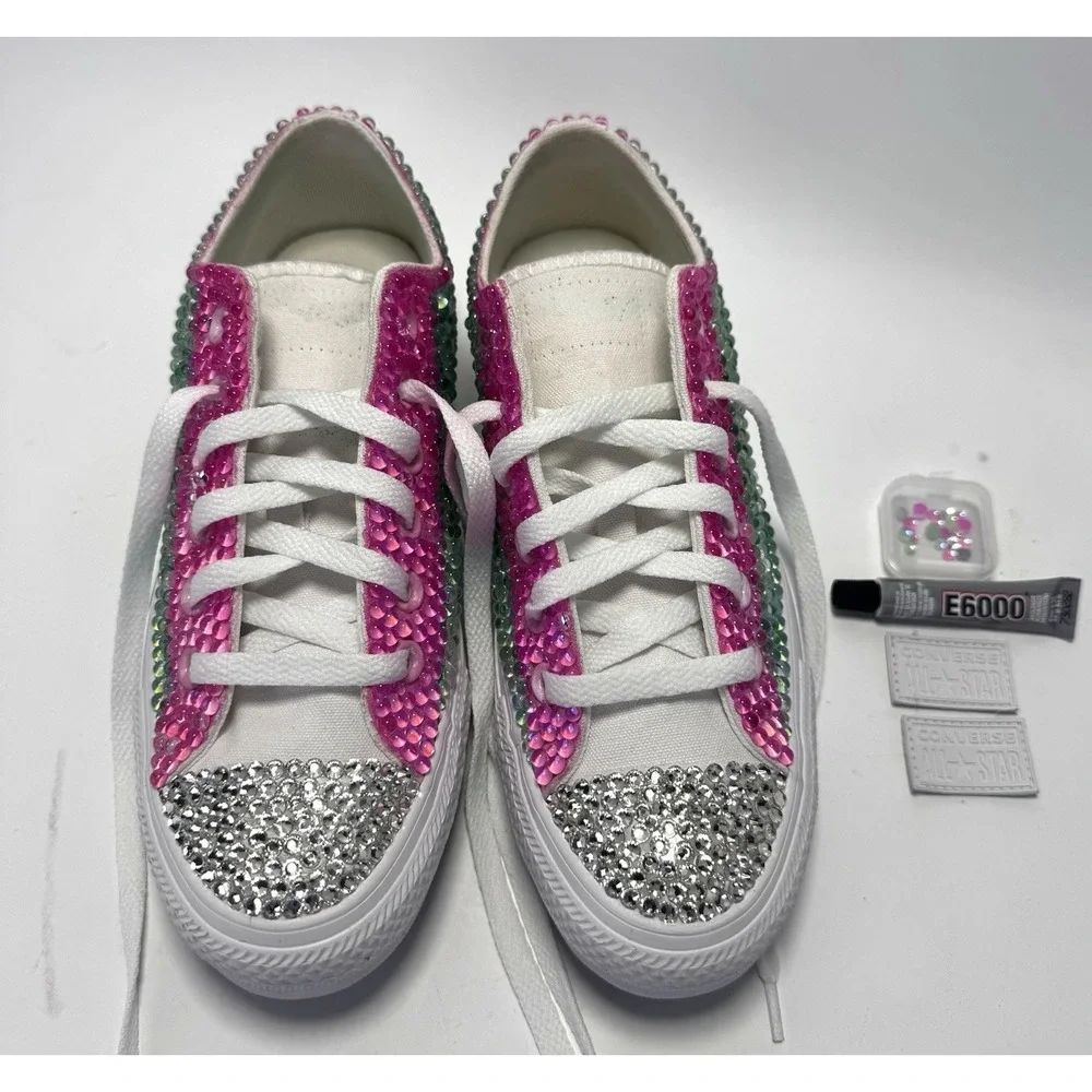 Custom Converse All Star Bling Embellished Sneakers Womens 7.5 Pink Green Wicked