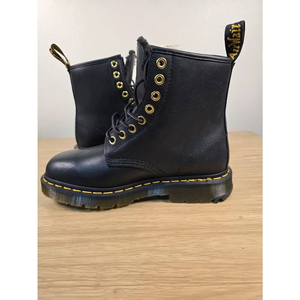 Dr. Martens 1460 Pascal FL Faux Fur Black Leather Lace Up Boots Women's Size 6