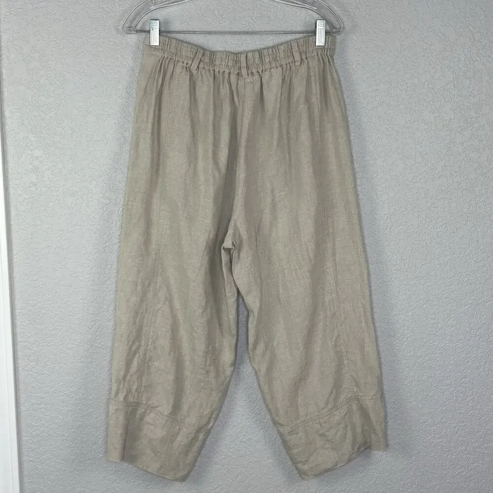MASAI Pant Womens 100% Linen Wide Lantern Leg Crop Neutral Beige Size M