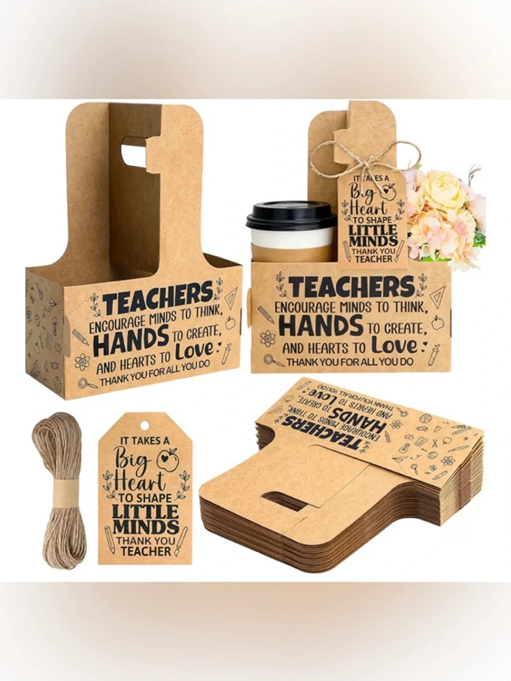 ❤️New - Teacher Appreciation Gift Set 24pc – Kraft Cup Holder w/Tags & Ribbon🍎✏️