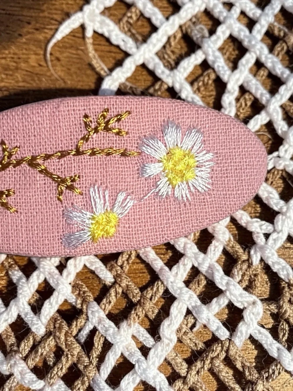 Kids Pink Floral Embroidered Hair Clip