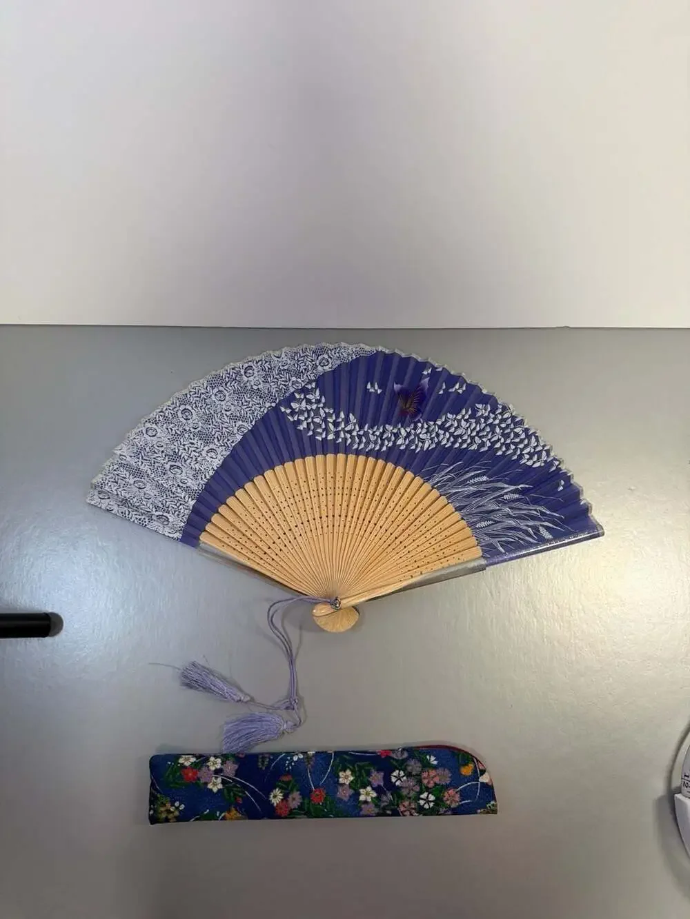 Purple Butterfly Bamboo Folding Hand Fan with Floral Fabric Sleeve 8.25