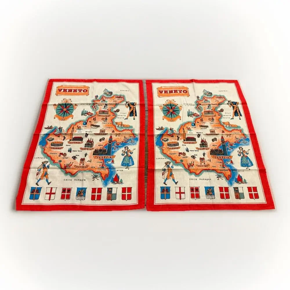 Lot Of 2 Vtg Veneto Emilia Romagna Map Cities Cotton Kitchen Tea Towel 23