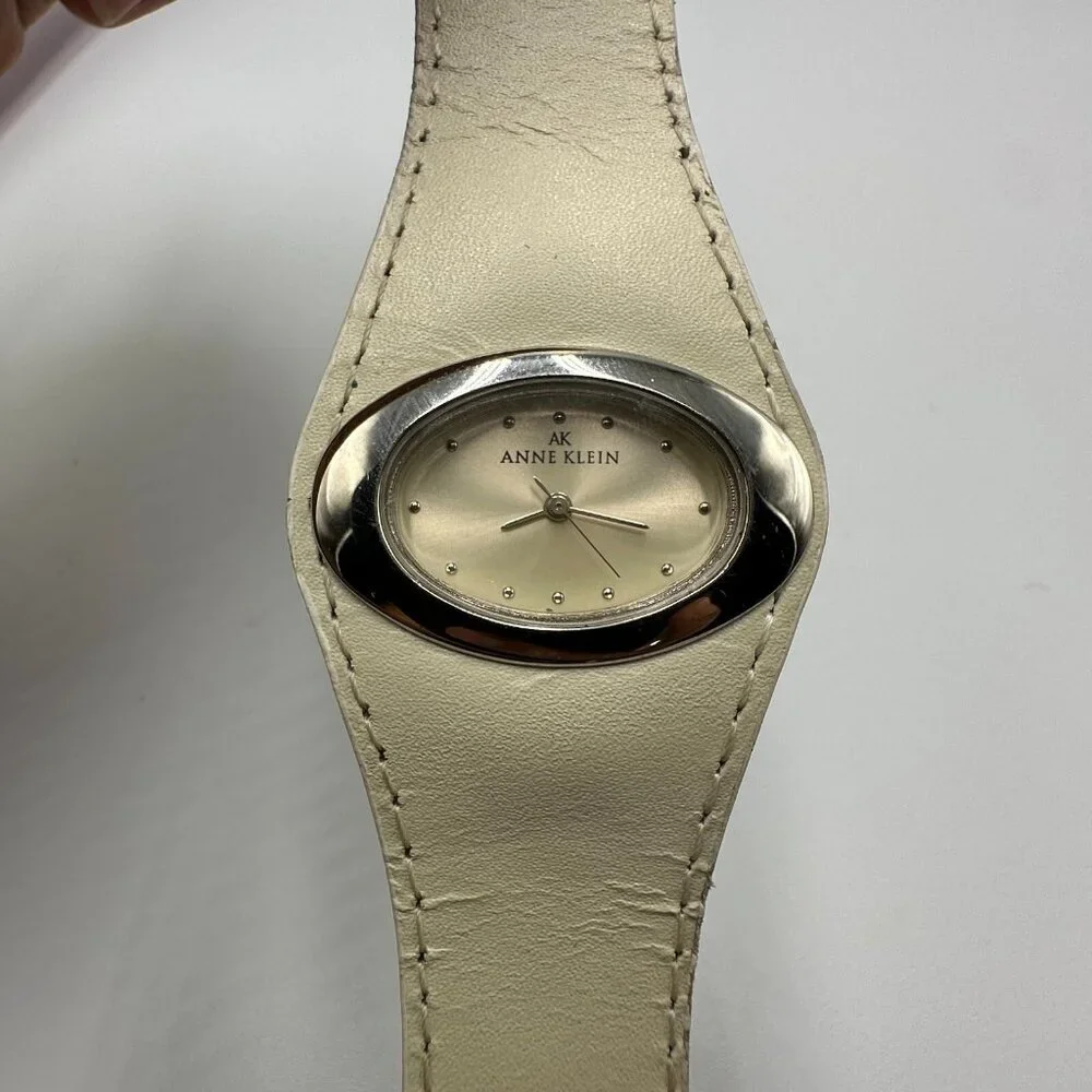 3/$30 Anne Klein Watch Women Silver Tone Cream Leather Band New Battery 8.5