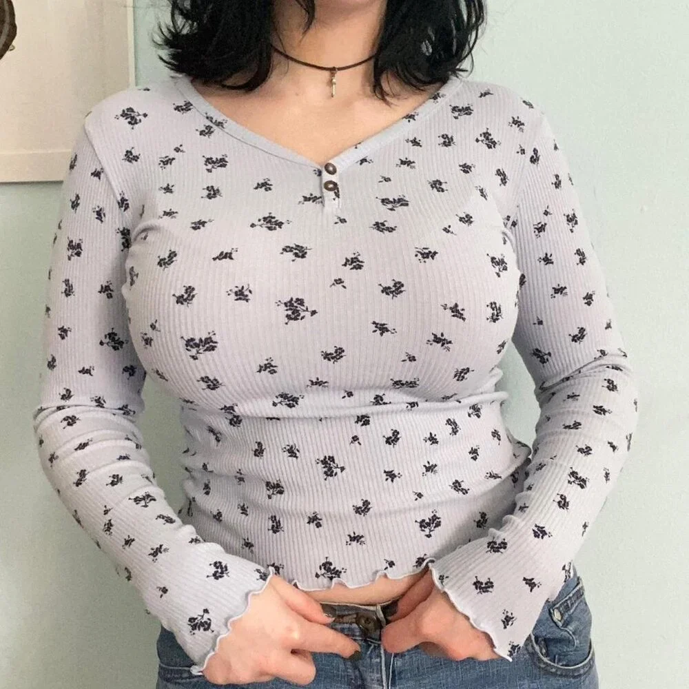 Old Navy Girls XL Blue Floral Ribbed Henley Long Sleeve Top Kids 14-16