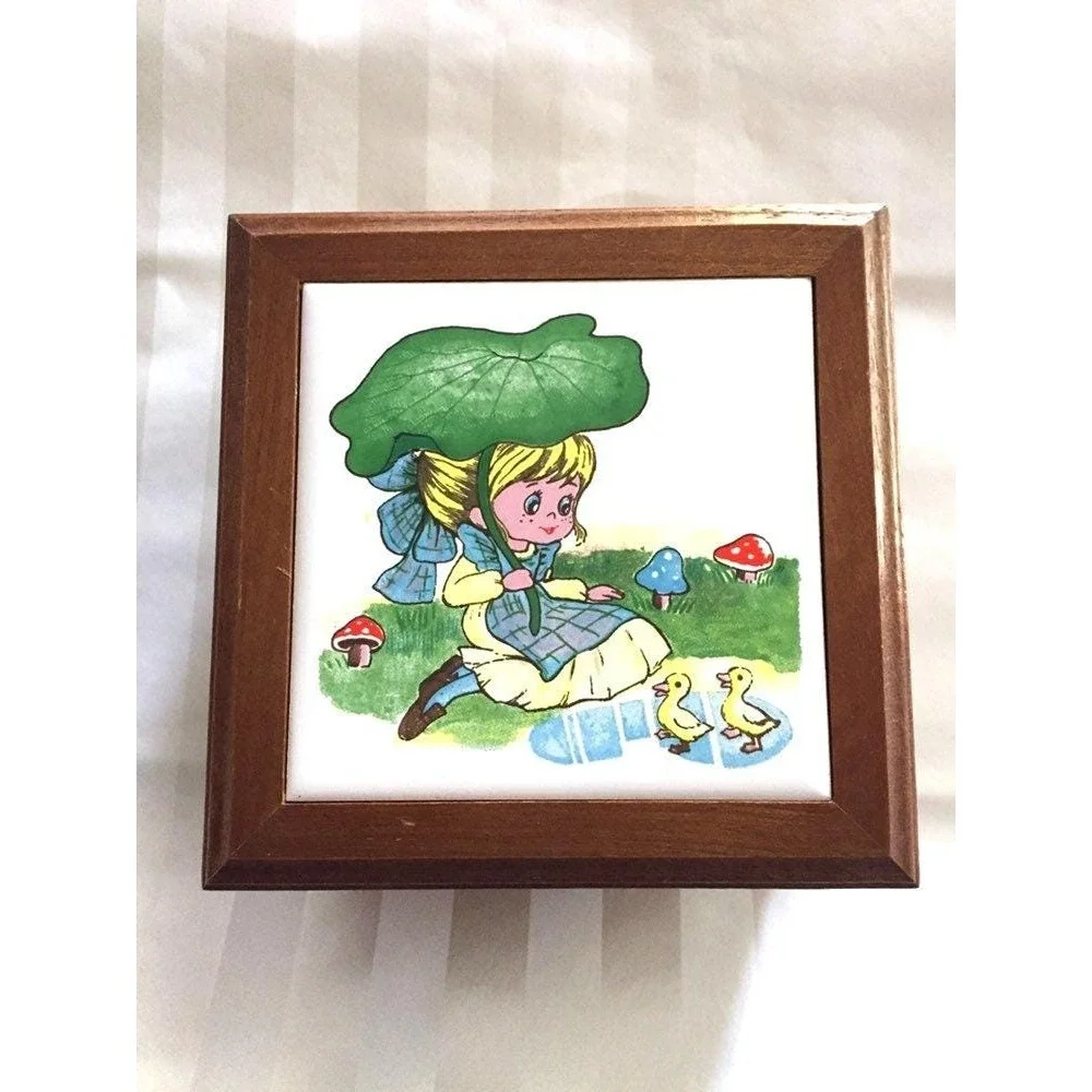 Vintage Girls Wood Jewelry Box Ceramic Tile Mirror‎ Calico Prairie Girl Big Eyes