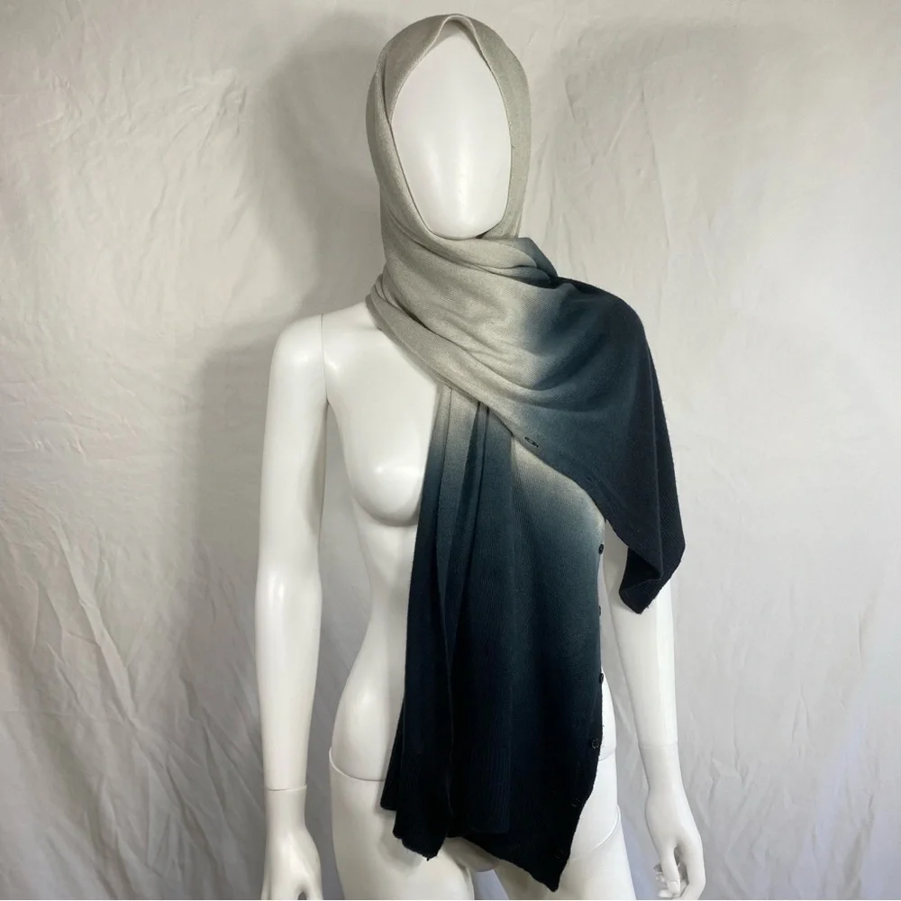 Navy Blue to Light Gray Ombre Versatile Scarf & Button Wrap