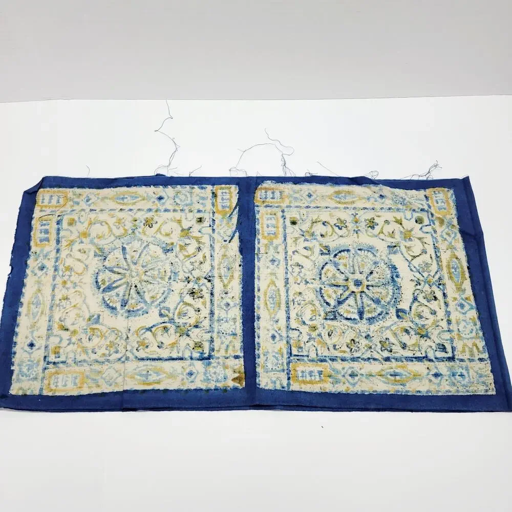 Vintage Turkish Blue Mandala Flower Set 4 Connected Fabric Panel Turkey Made