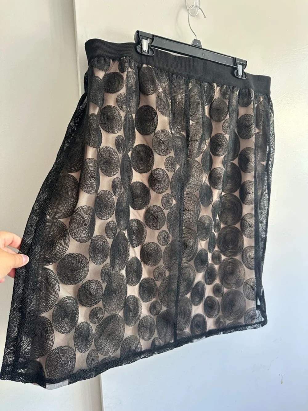 Lane Bryant Black Sheer Polka-Dot Overlay Midi Skirt with Nude Lining