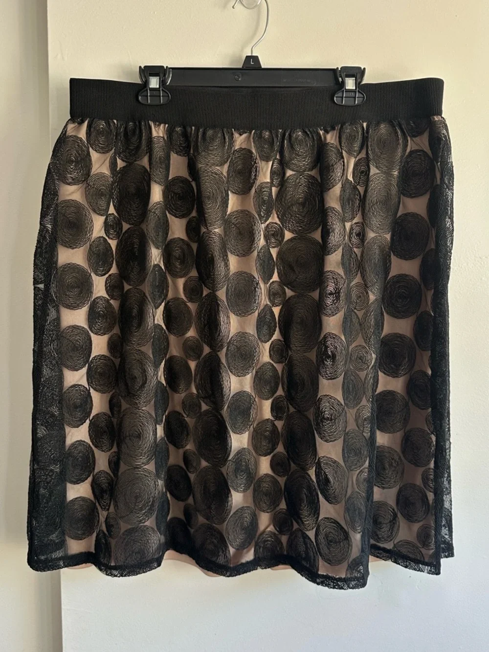 Lane Bryant Black Sheer Polka-Dot Overlay Midi Skirt with Nude Lining
