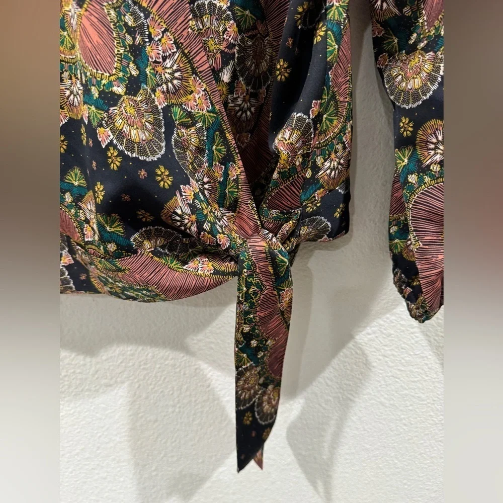 J.Crew Point Sur Satin Crepe Paisley Floral Wrap Tie Black Blouse Top Size XS
