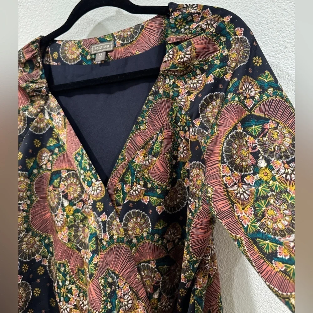 J.Crew Point Sur Satin Crepe Paisley Floral Wrap Tie Black Blouse Top Size XS