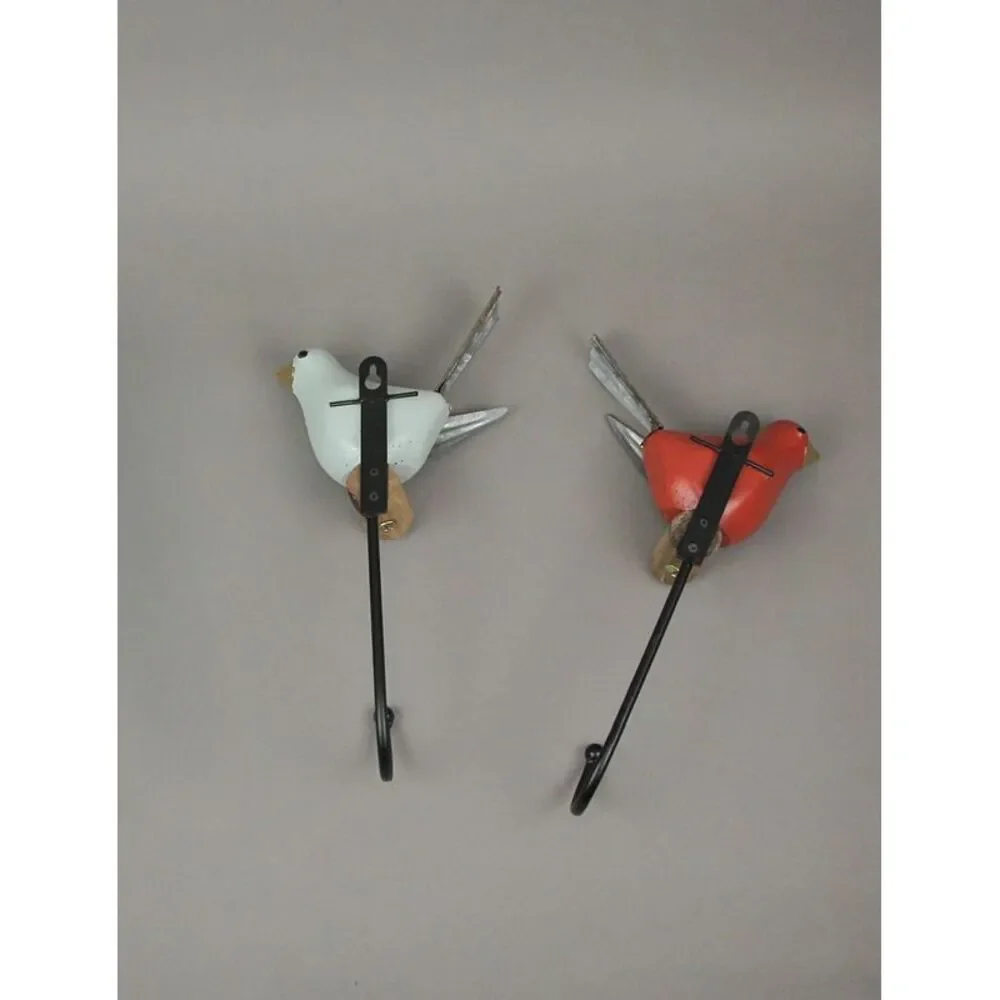 Wood and Metal Bird-Themed Wall Hooks in Red, and White 11.75 Inches High