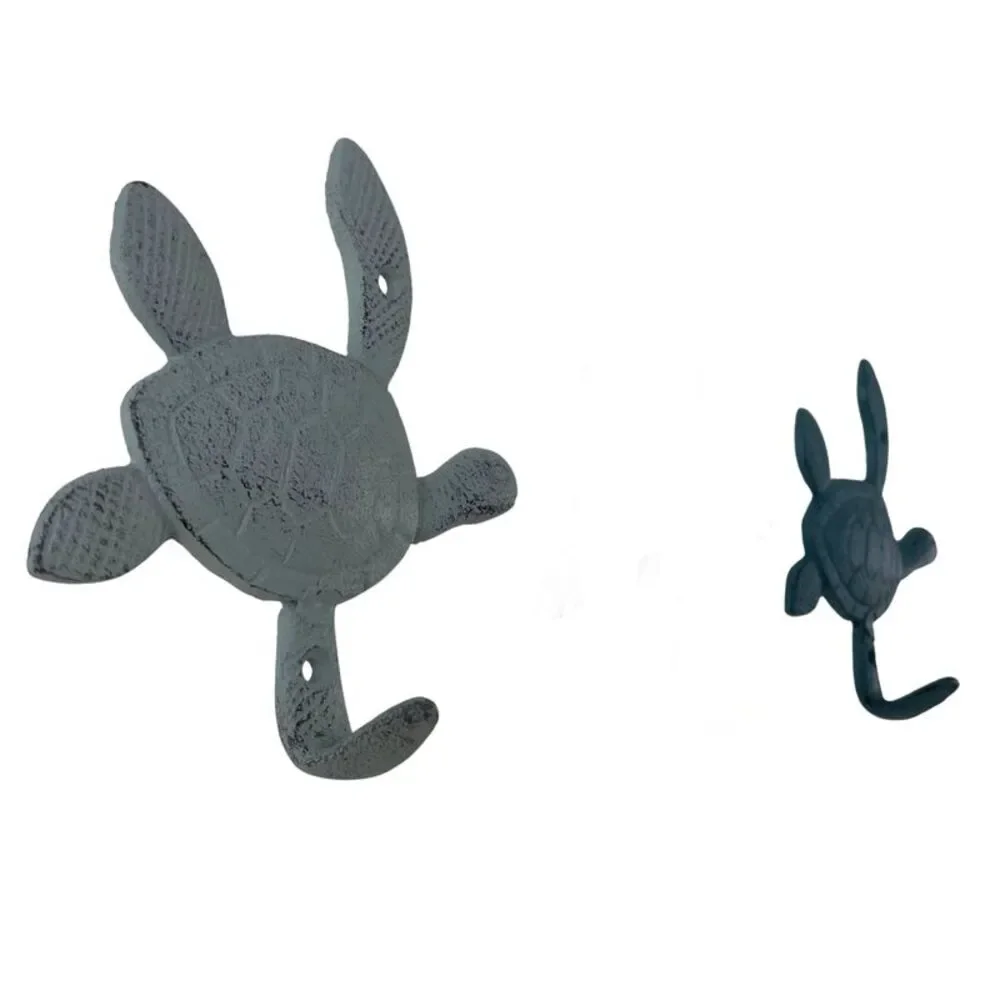 Set of 2 Decorative Cast Iron Sea Turtle Wall Hook Set – Coastal Blue and Gray