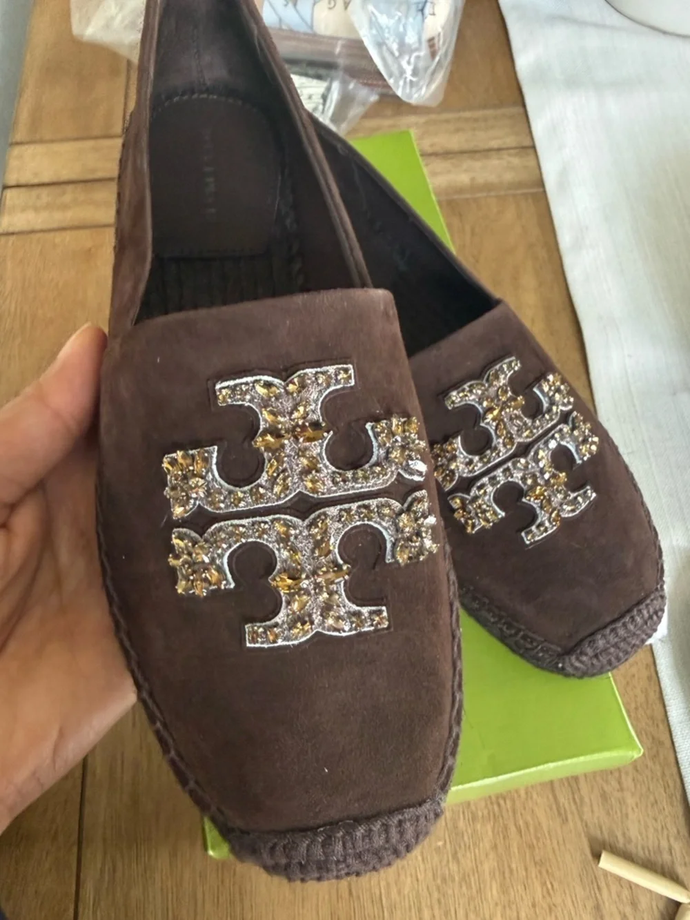 Tory Burch Brown Suede Slip-On Loafers with Crystal Double-T Logo