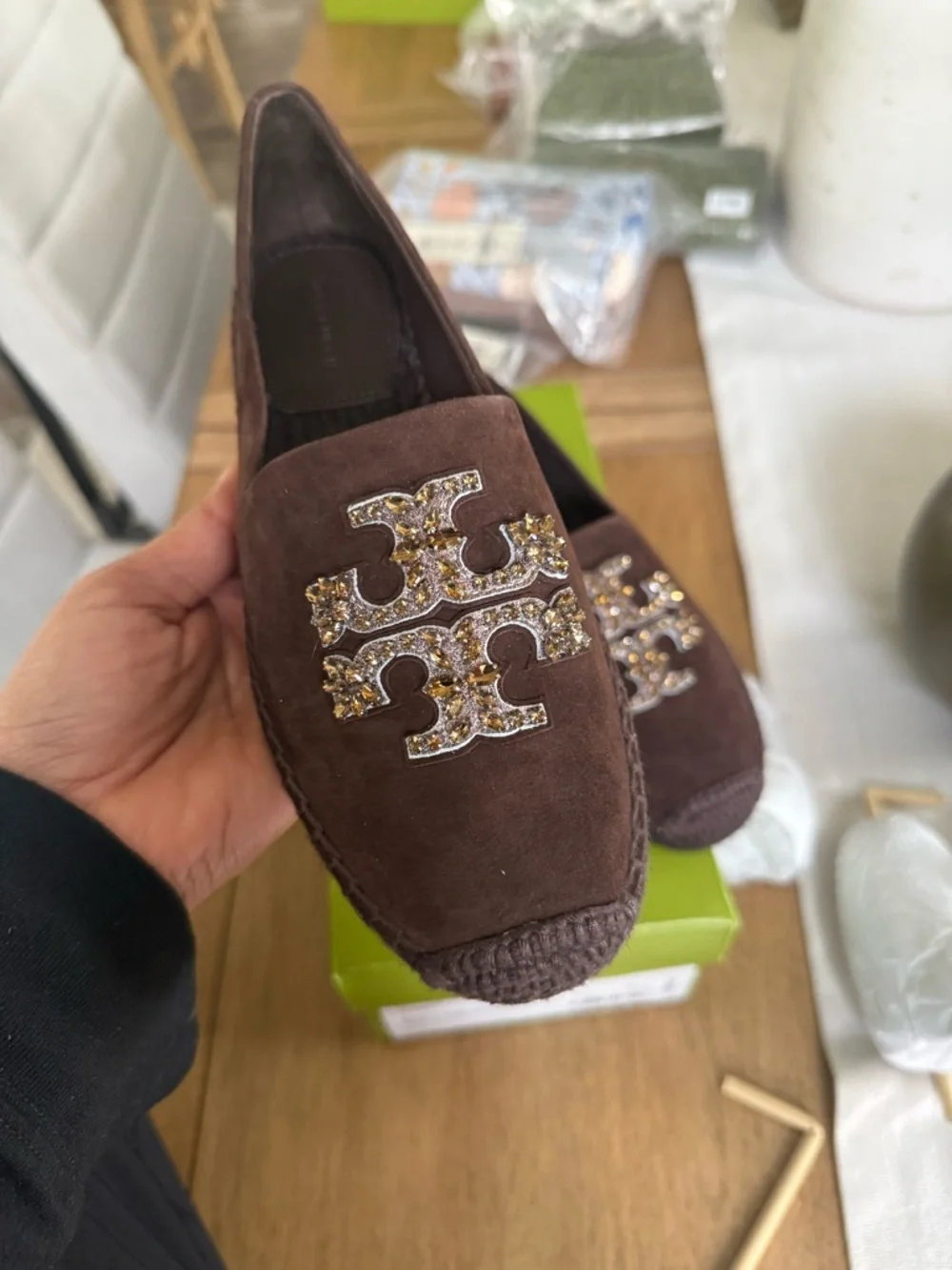 Tory Burch Brown Suede Slip-On Loafers with Crystal Double-T Logo