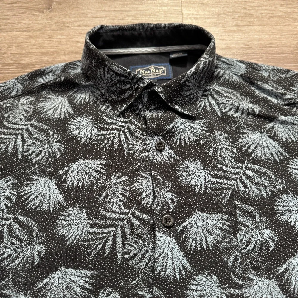 Nat Nast Shirt Mens Large Blue Silk Blend Short Sleeve Hawaiian Button Up Floral