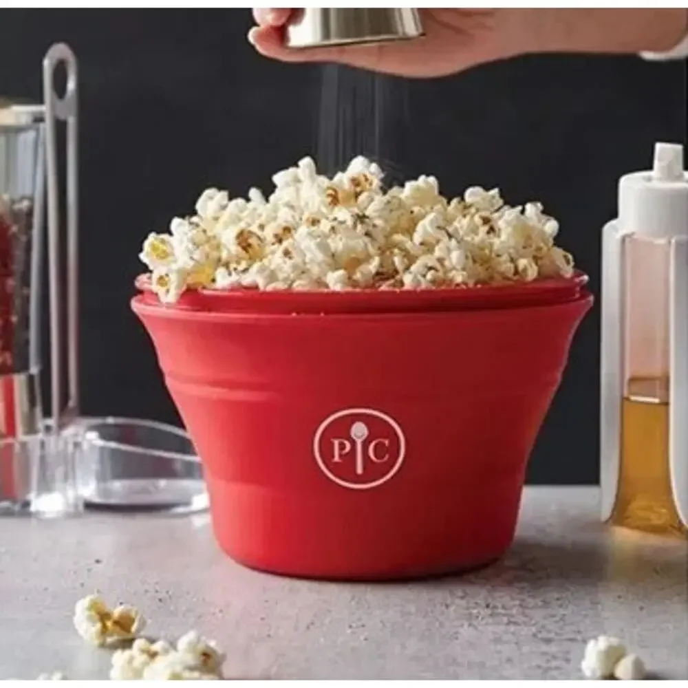 Pampered Chef Microwave Popcorn Maker Bowl Red Silicone Collapsible Lid #1457