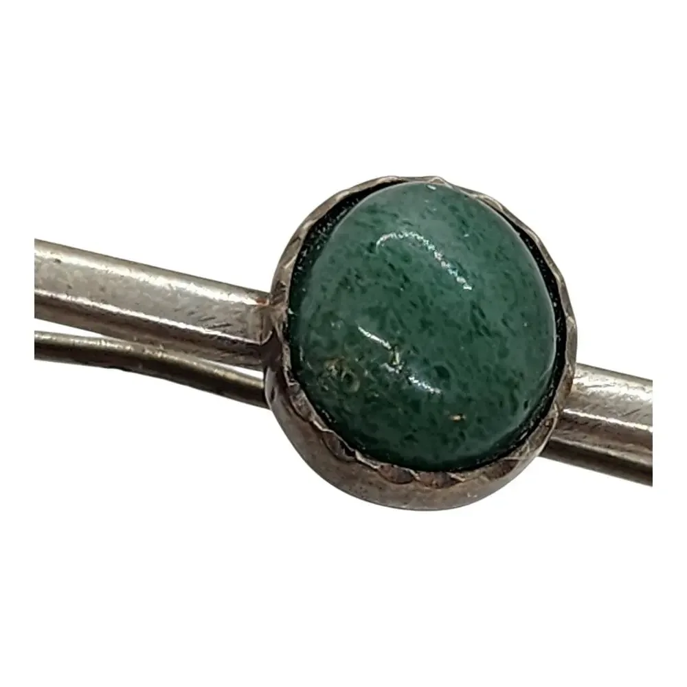 Antique Long Bar Brooch Pin Sterling Silver Jade Cabochon Tie Suite Collar Hat