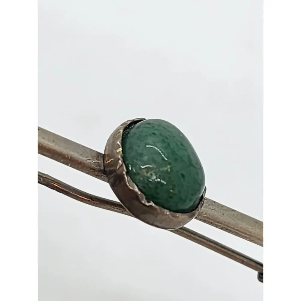 Antique Long Bar Brooch Pin Sterling Silver Jade Cabochon Tie Suite Collar Hat