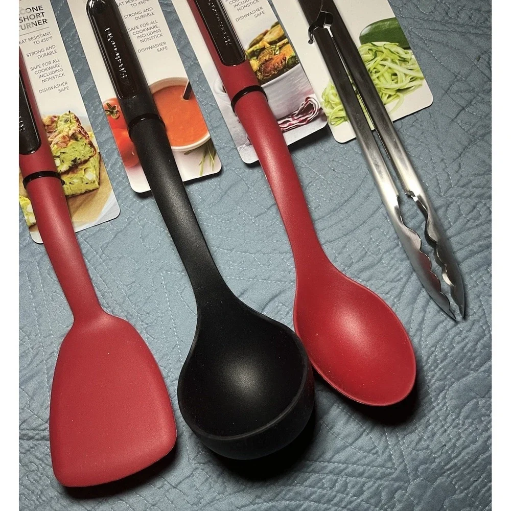 KitchenAid 4 Pc Black Red Silicone Ladle Basting Spoon and Lifter Safe Nonstick