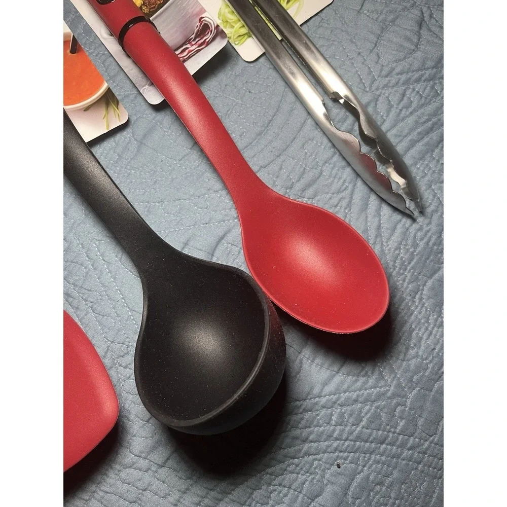 KitchenAid 4 Pc Black Red Silicone Ladle Basting Spoon and Lifter Safe Nonstick