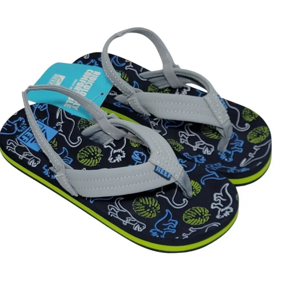 Reef Flip Flop Sandals Toddler Boy Size 12 Ahi Dino Dinosaur Gray Blue Backstrap